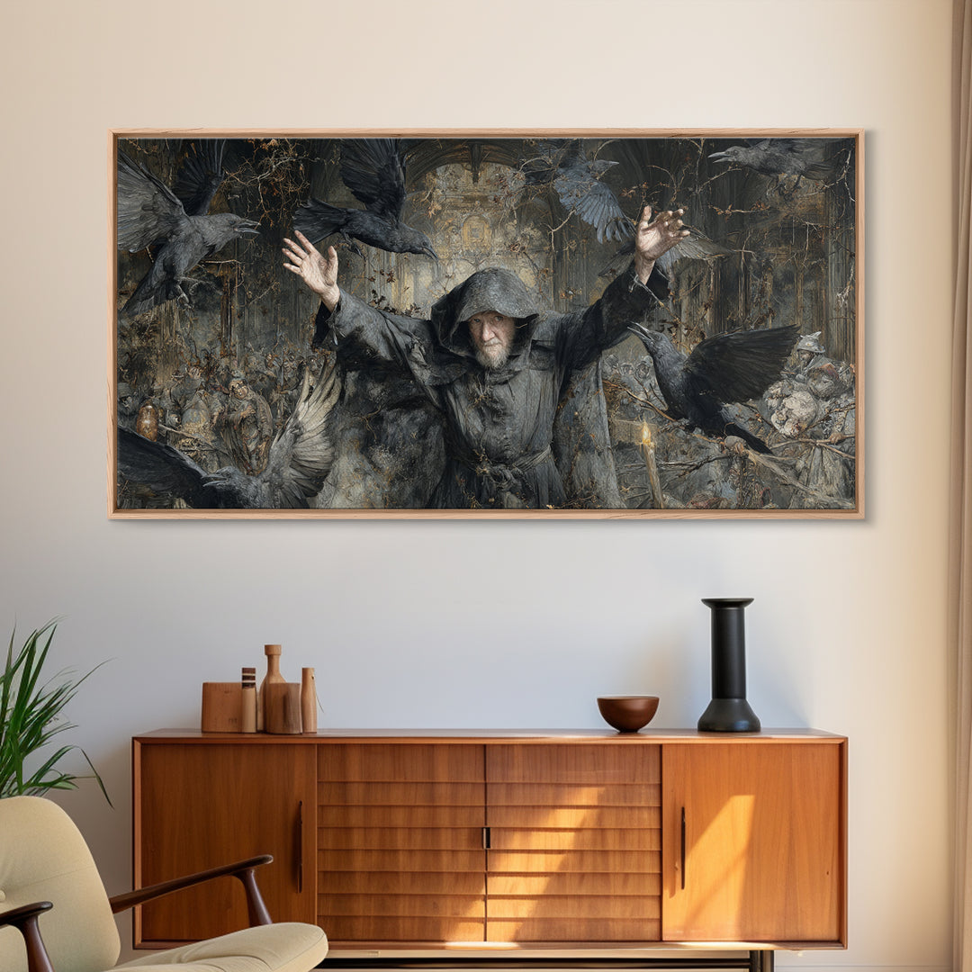 The Raven Keeper, Northern Renaissance Horror, Wide Panoramic Art, Dark Fantasy Wall Art, Canvas Print, Halloween Wall Art