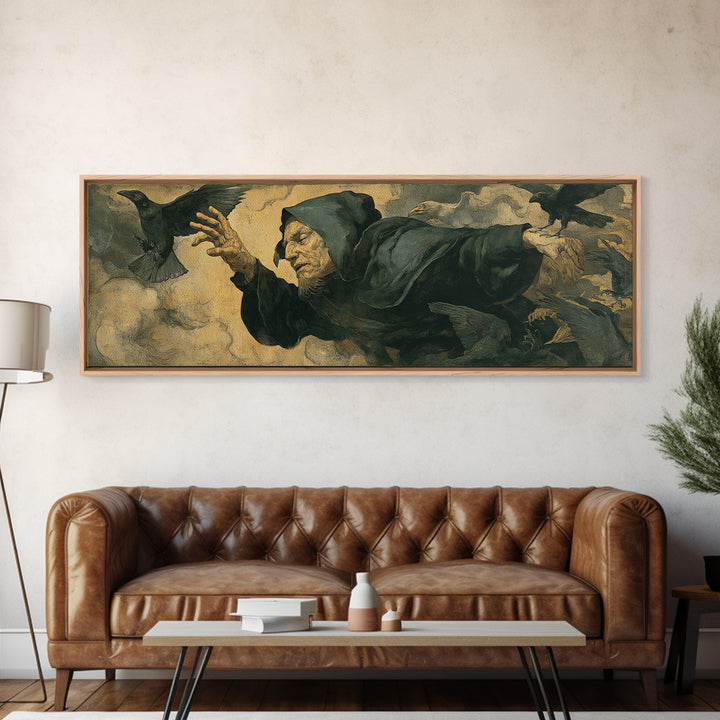 The Raven Keeper, Dark Renaissance Art, Extra Wide Wall Art, Dark Fantasy Wall Art, Canvas Print, Halloween Wall Art