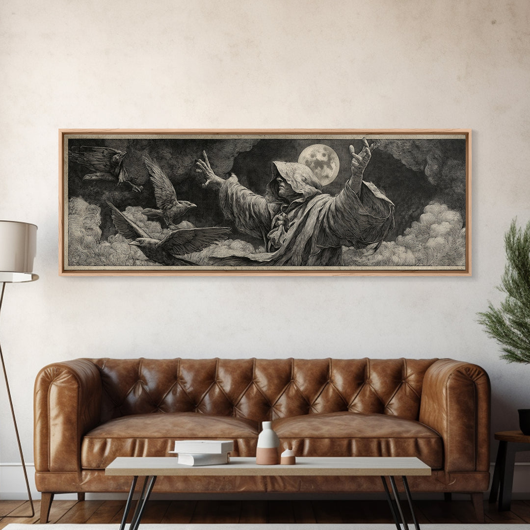 The Raven Keeper, Renaissance Engraving Art, Extra Wide Wall Art, Dark Halloween Decor, Framed Canvas Print, Halloween Wall Art