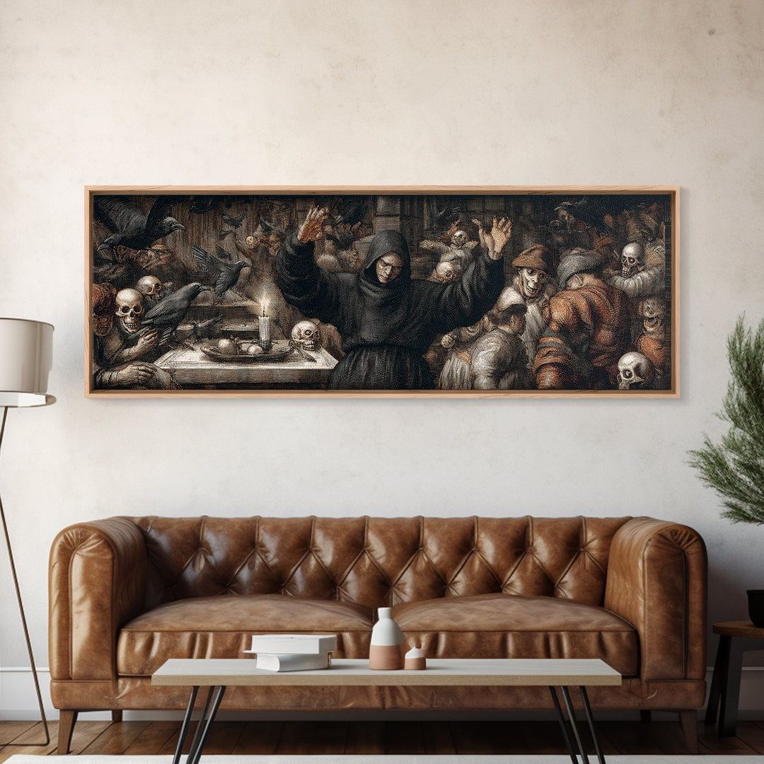 The Raven Keeper, Danse Macabre Art, Extra Wide Wall Art, Macabre Wall Art, Framed Canvas Print, Halloween Wall Art