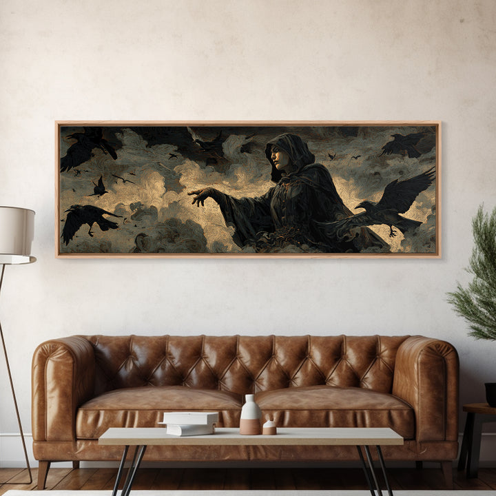 The Raven Keeper, Visionary Gothic Art, Extra Wide Wall Art, Macabre Wall Art, Canvas Print, Halloween Wall Art, Statement Wall Art
