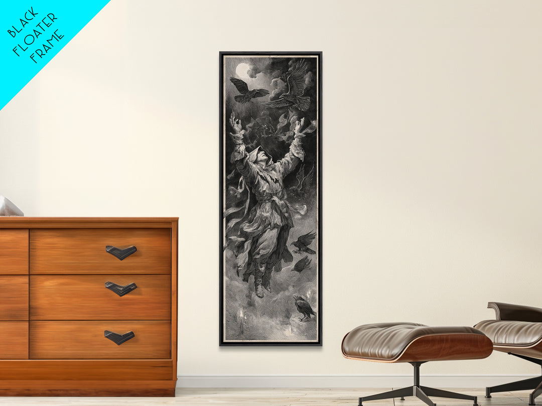 The Raven Keeper, Architectural Etching Art, Tall Narrow Wall Art, Dark Fantasy Wall Art, Canvas Print, Halloween Wall Art