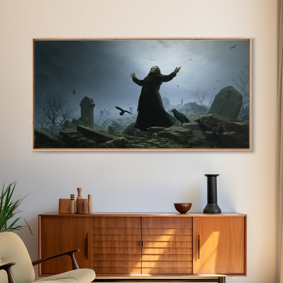 The Raven Keeper, Romantic Gothic Landscape, Wide Panoramic Art, Dark Halloween Decor, Framed Canvas Print, Halloween Wall Art