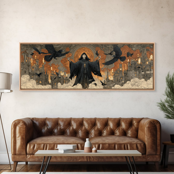 The Raven Keeper, Apocalyptic Romantic Art, Extra Wide Wall Art, Gothic Horror Wall Art, Canvas Print, Halloween Wall Art