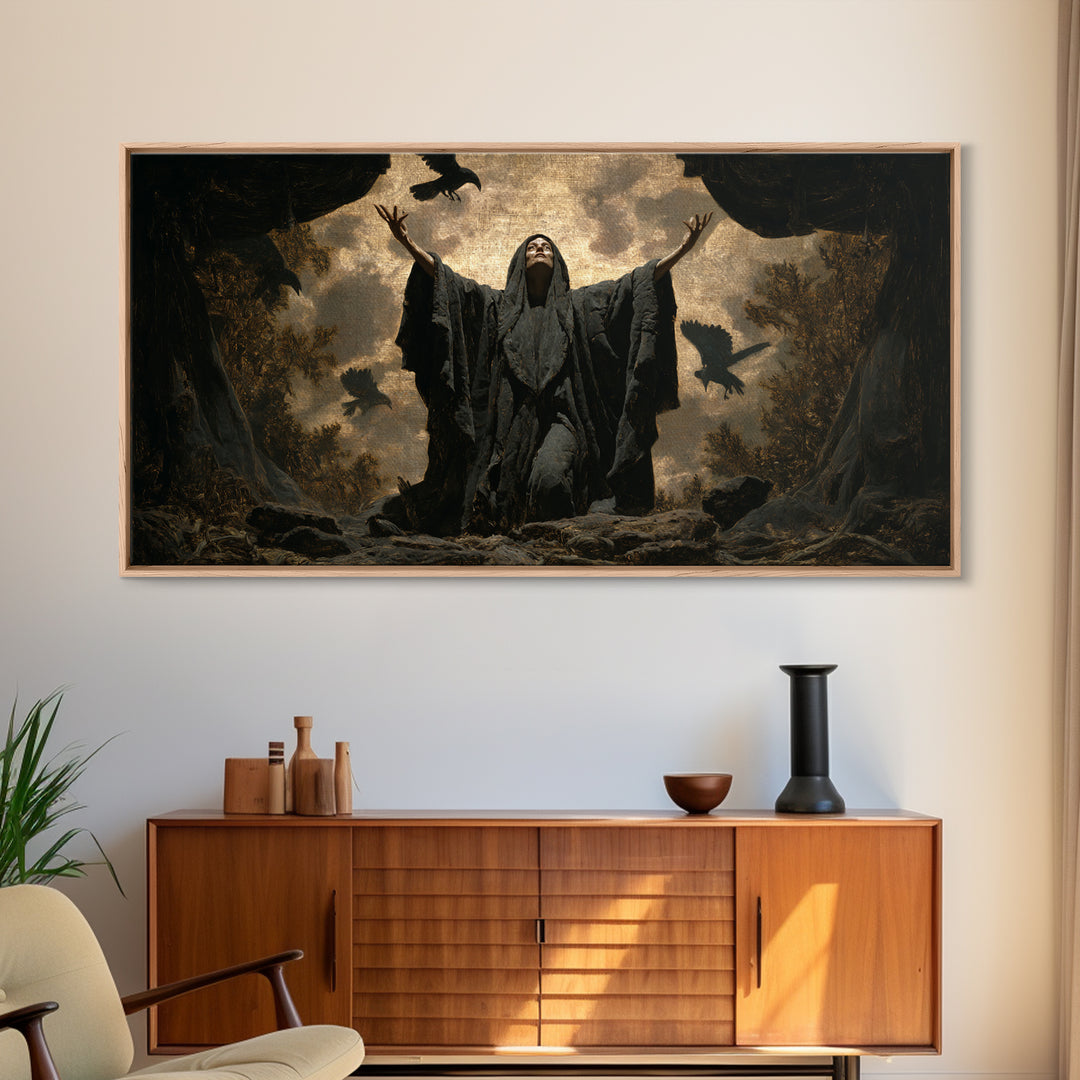 The Raven Keeper, Symbolist Gothic Landscape, Wide Panoramic Art, Dark Halloween Decor, Framed Canvas Print, Halloween Wall Art