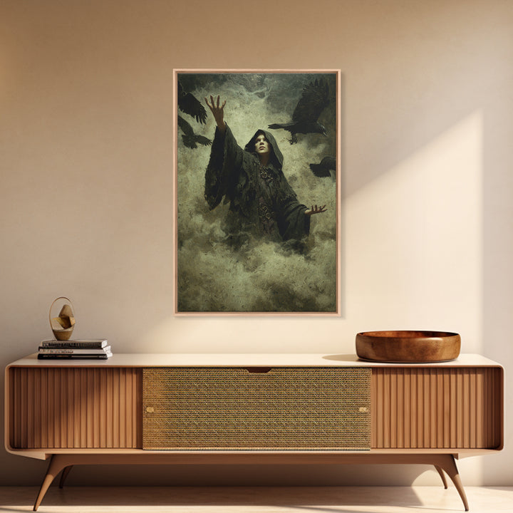 The Raven Keeper, Ornate Symbolist Art, Vertical Wall Art, Dark Fantasy Wall Art, Framed Canvas Print, Halloween Wall Art