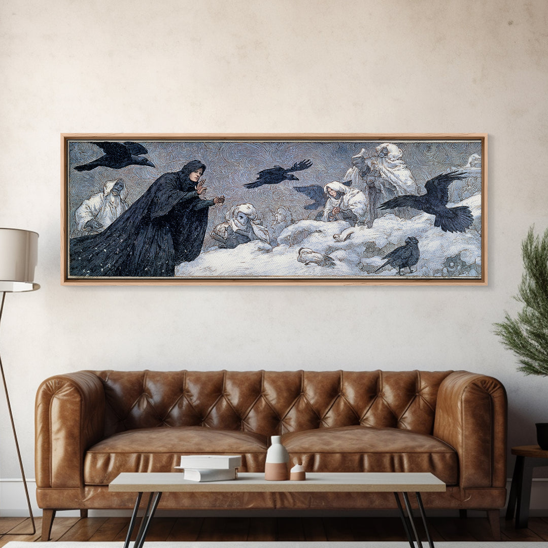 The Raven Keeper, Symbolist Death Art, Extra Wide Wall Art, Dark Halloween Decor, Canvas Print, Halloween Wall Art