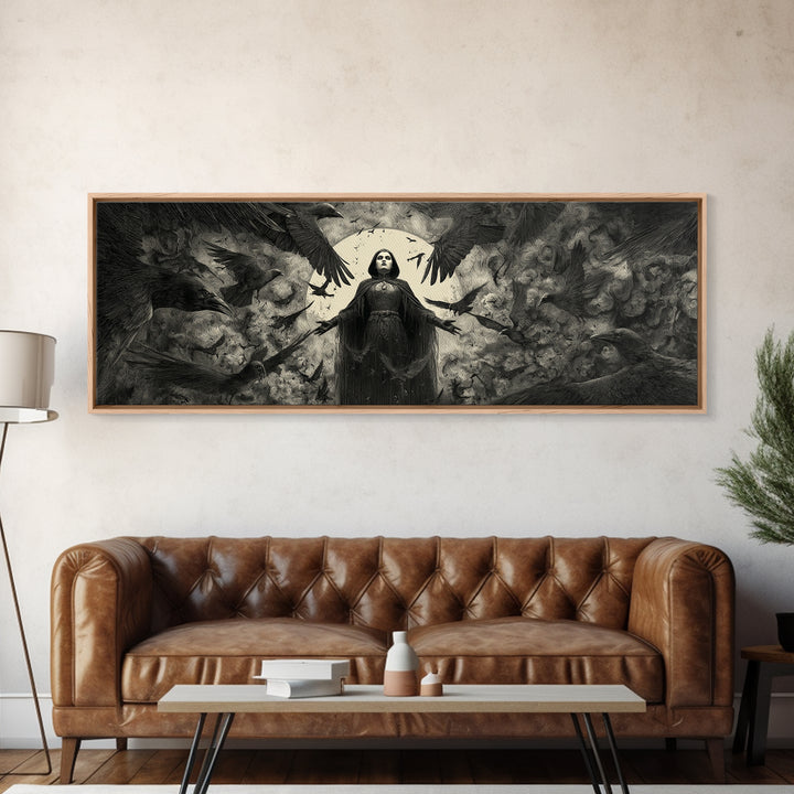 The Raven Keeper, Dark Symbolist Art, Extra Wide Wall Art, Gothic Horror Wall Art, Canvas Print, Halloween Wall Art