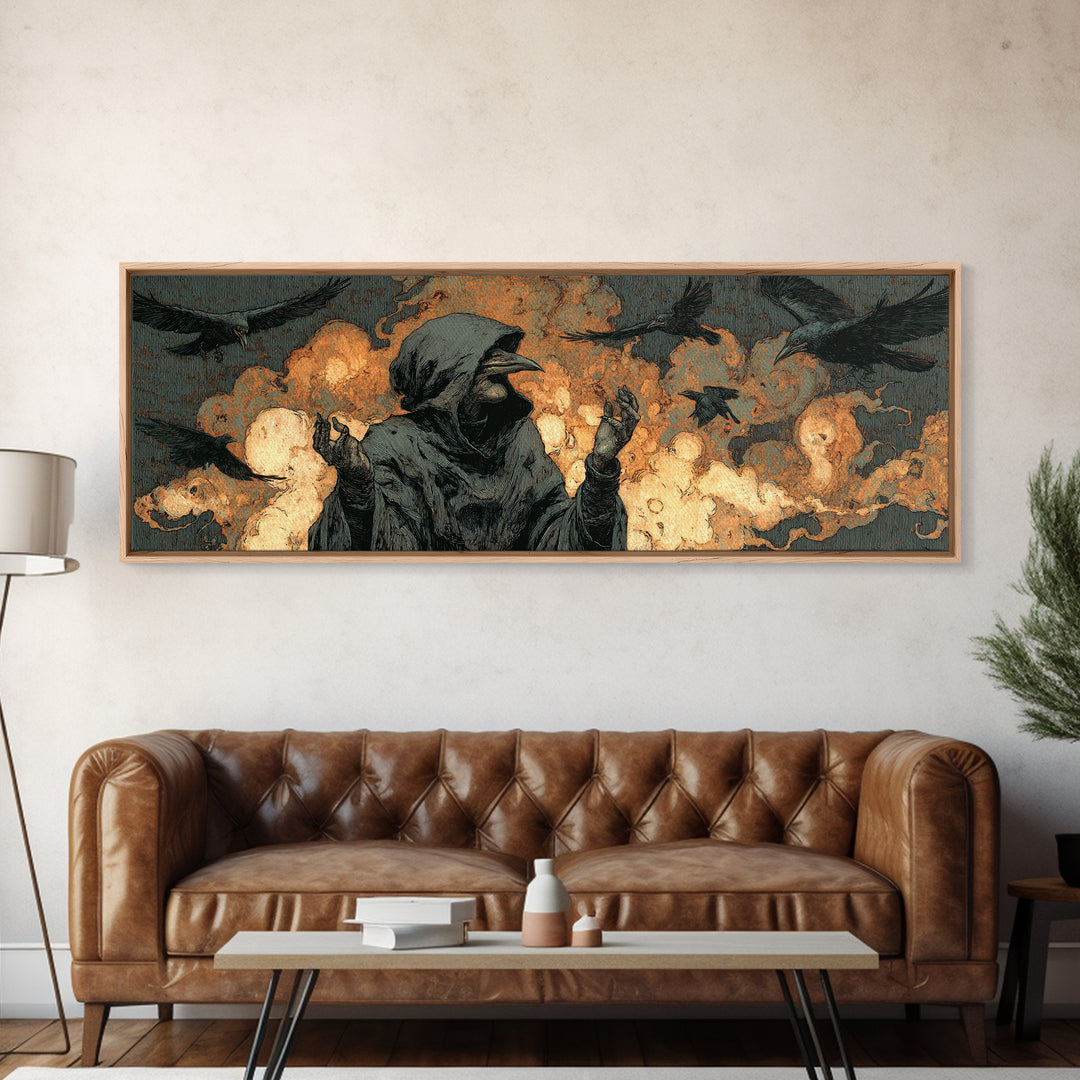 The Raven Keeper, Symbolist Etching Art, Extra Wide Wall Art, Dark Fantasy Wall Art, Canvas Print, Halloween Wall Art, Halloween Decor