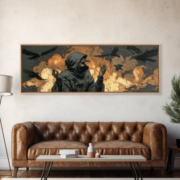 The Raven Keeper, Symbolist Etching Art, Extra Wide Wall Art, Dark Fantasy Wall Art, Canvas Print, Halloween Wall Art, Halloween Decor