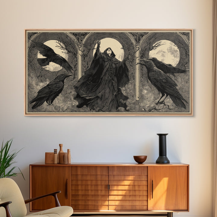 The Raven Keeper, Expressionist Nightmare Art, Wide Panoramic Art, Dark Halloween Decor, Framed Canvas Print, Halloween Wall Art
