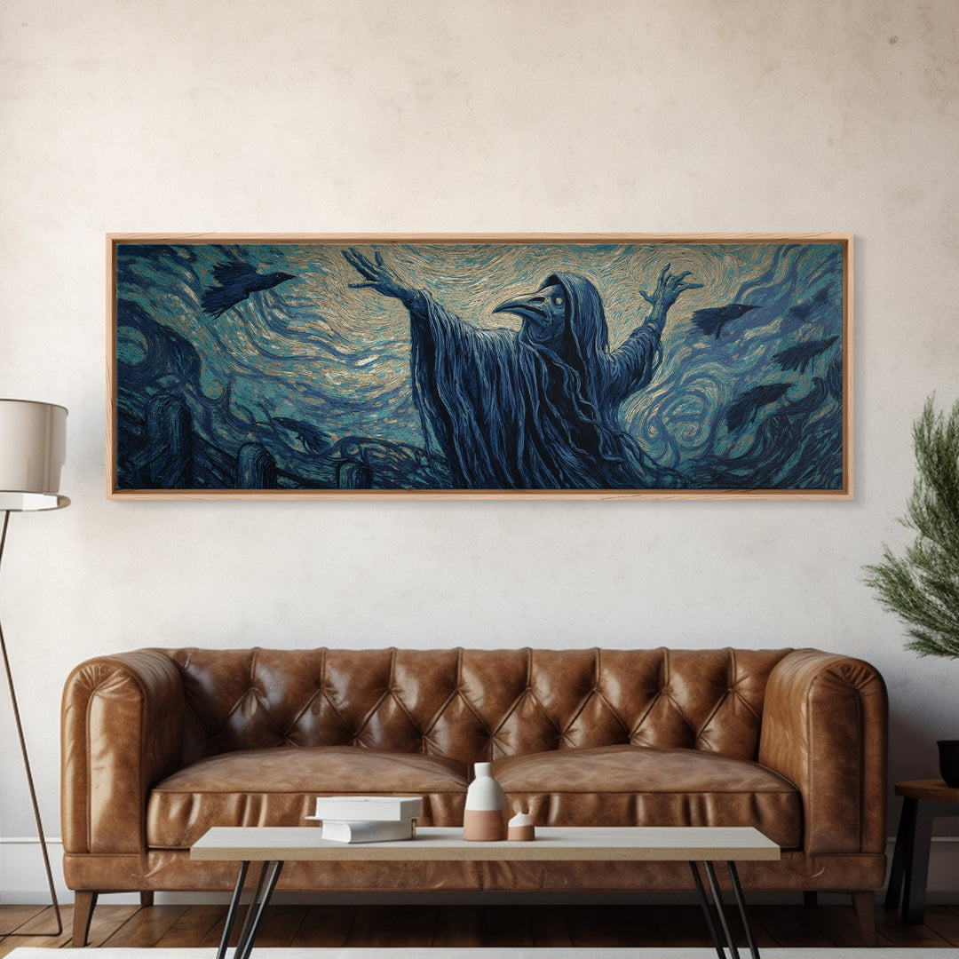The Raven Keeper, Expressionist Gothic Art, Extra Wide Wall Art, Dark Fantasy Wall Art, Canvas Print, Halloween Wall Art