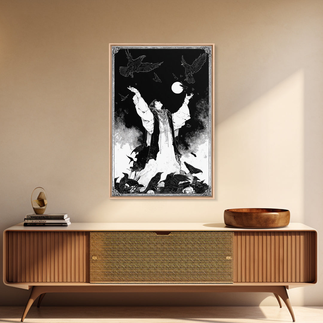 The Raven Keeper, Decadent Line Art, Vertical Wall Art, Macabre Wall Art, Canvas Print, Halloween Wall Art, Halloween Decor