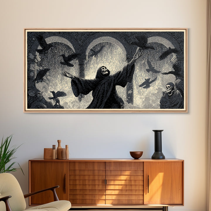 The Raven Keeper, Macabre Folk Print Art, Wide Panoramic Art, Dark Fantasy Wall Art, Canvas Print, Halloween Wall Art