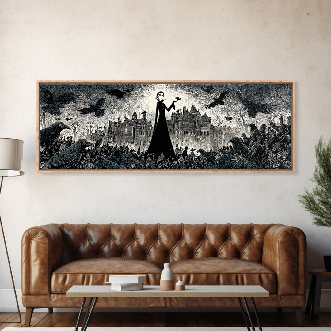 The Raven Keeper, Victorian Macabre Art, Extra Wide Wall Art, Macabre Wall Art, Framed Canvas Print, Halloween Wall Art, Halloween Decor