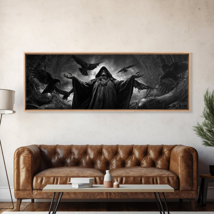 The Raven Keeper, Biomechanical Horror Art, Extra Wide Wall Art, Gothic Horror Wall Art, Canvas Print, Halloween Wall Art