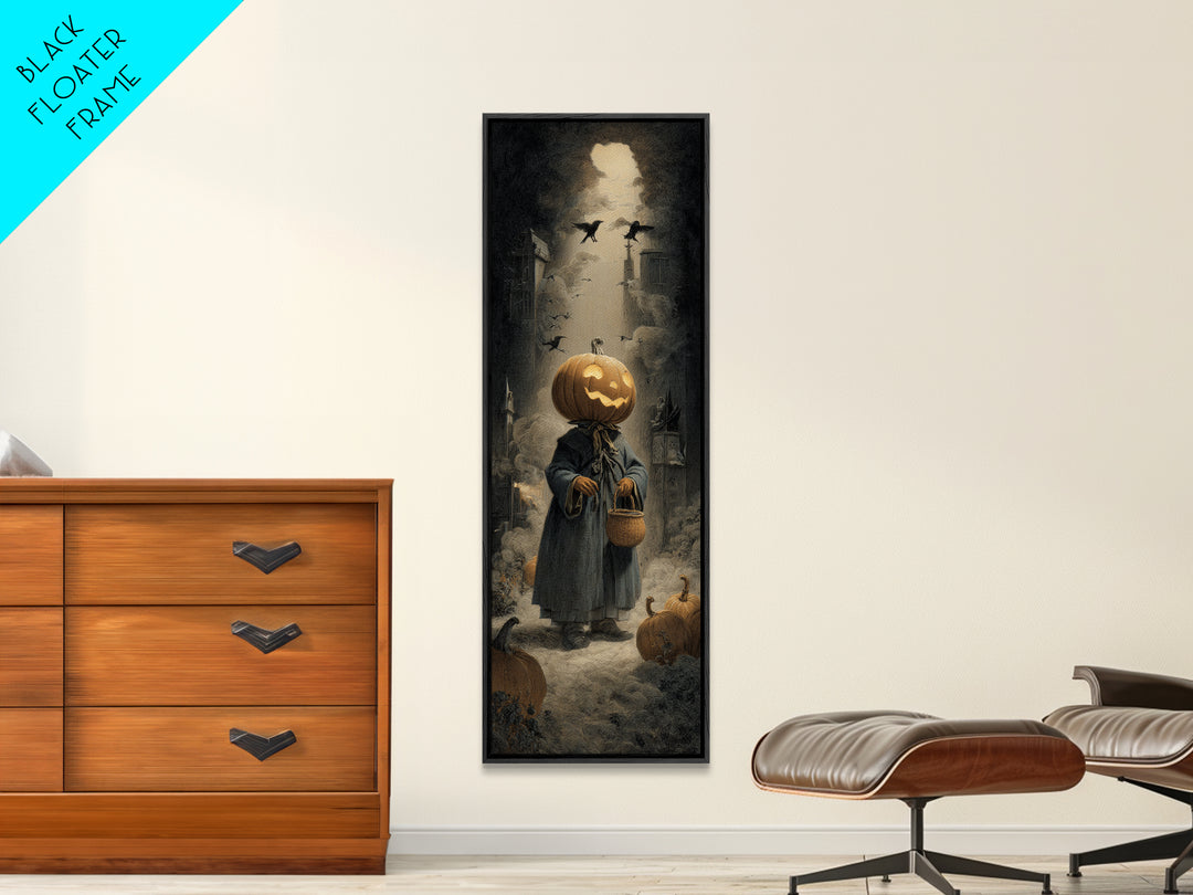 The Pumpkin-Headed Child, Gothic Engraving Art, Tall Narrow Wall Art, Gothic Horror Wall Art, Framed Canvas Print, Halloween Wall Art