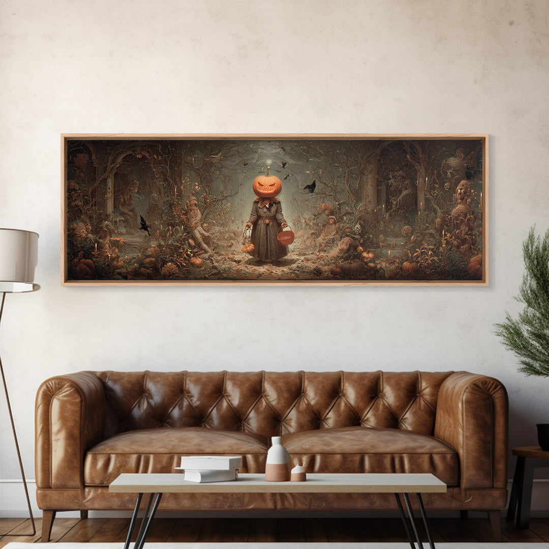 The Pumpkin-Headed Child, Medieval Grotesque Art, Extra Wide Wall Art, Macabre Wall Art, Canvas Print, Halloween Wall Art
