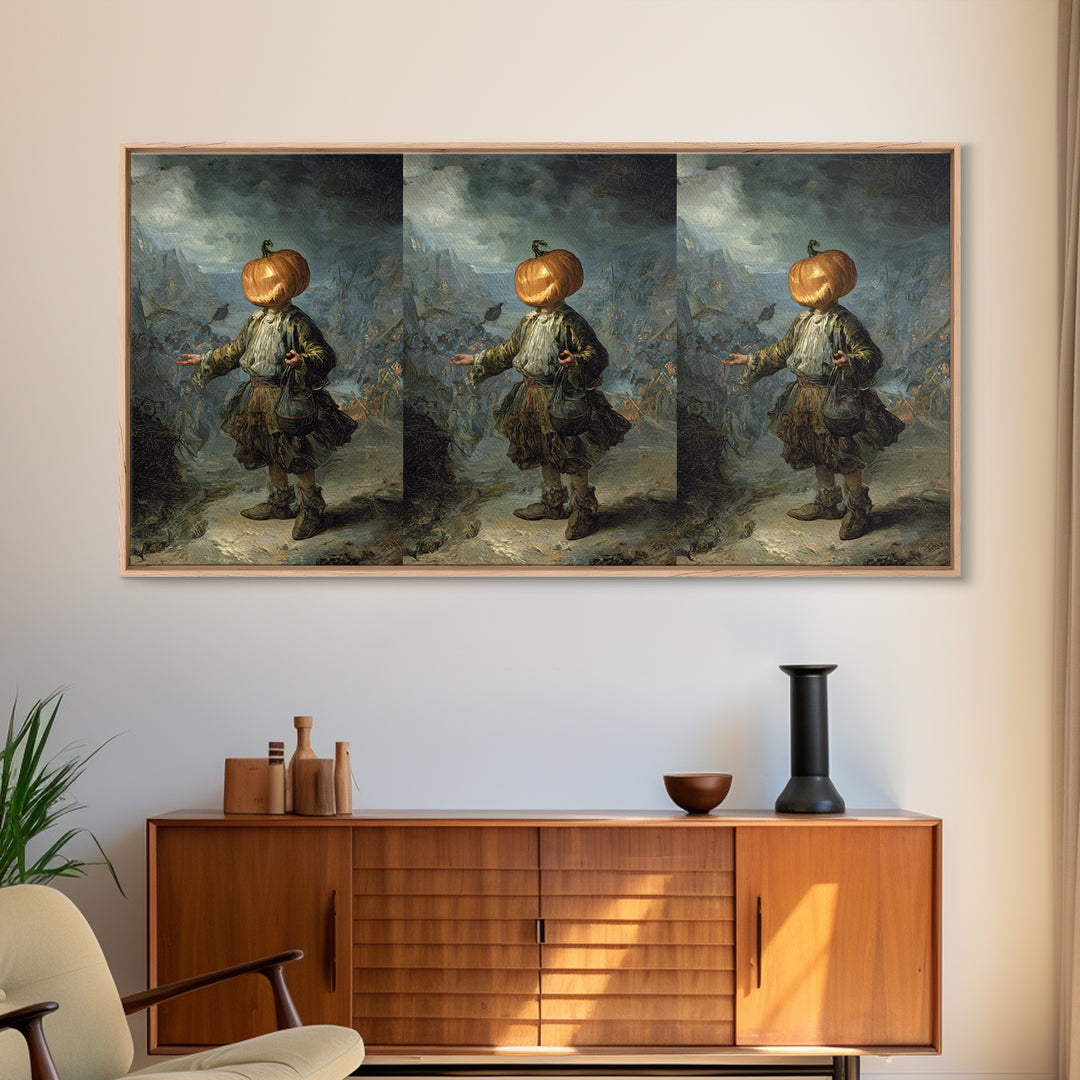The Pumpkin-Headed Child, Northern Renaissance Horror, Wide Panoramic Art, Dark Fantasy Wall Art, Framed Canvas Print