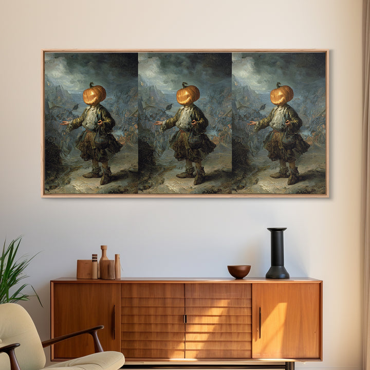 The Pumpkin-Headed Child, Northern Renaissance Horror, Wide Panoramic Art, Dark Fantasy Wall Art, Framed Canvas Print
