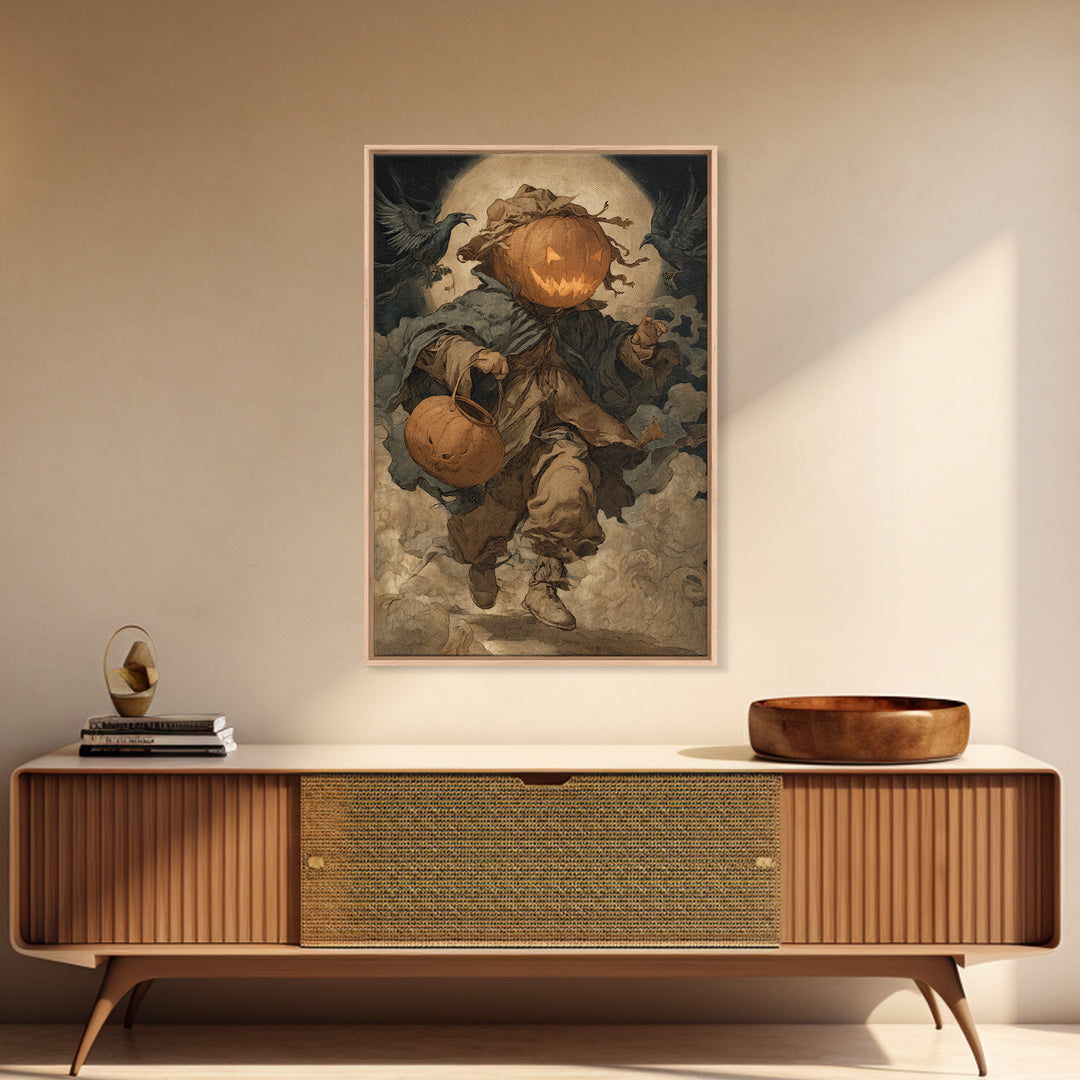 The Pumpkin-Headed Child, Dark Renaissance Art, Vertical Wall Art, Dark Fantasy Wall Art, Framed Canvas Print, Halloween Wall Art