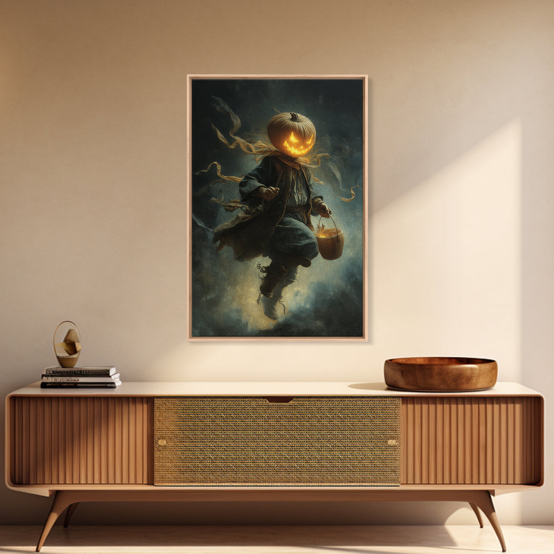 The Pumpkin-Headed Child, Visionary Gothic Art, Vertical Wall Art, Dark Fantasy Wall Art, Framed Canvas Print, Halloween Wall Art