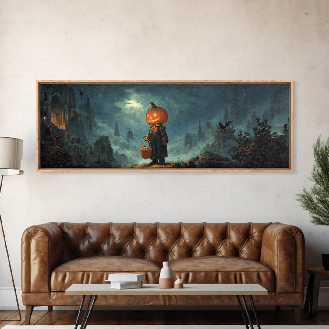 The Pumpkin-Headed Child, Apocalyptic Romantic Art, Extra Wide Wall Art, Gothic Horror Wall Art, Canvas Print, Halloween Wall Art