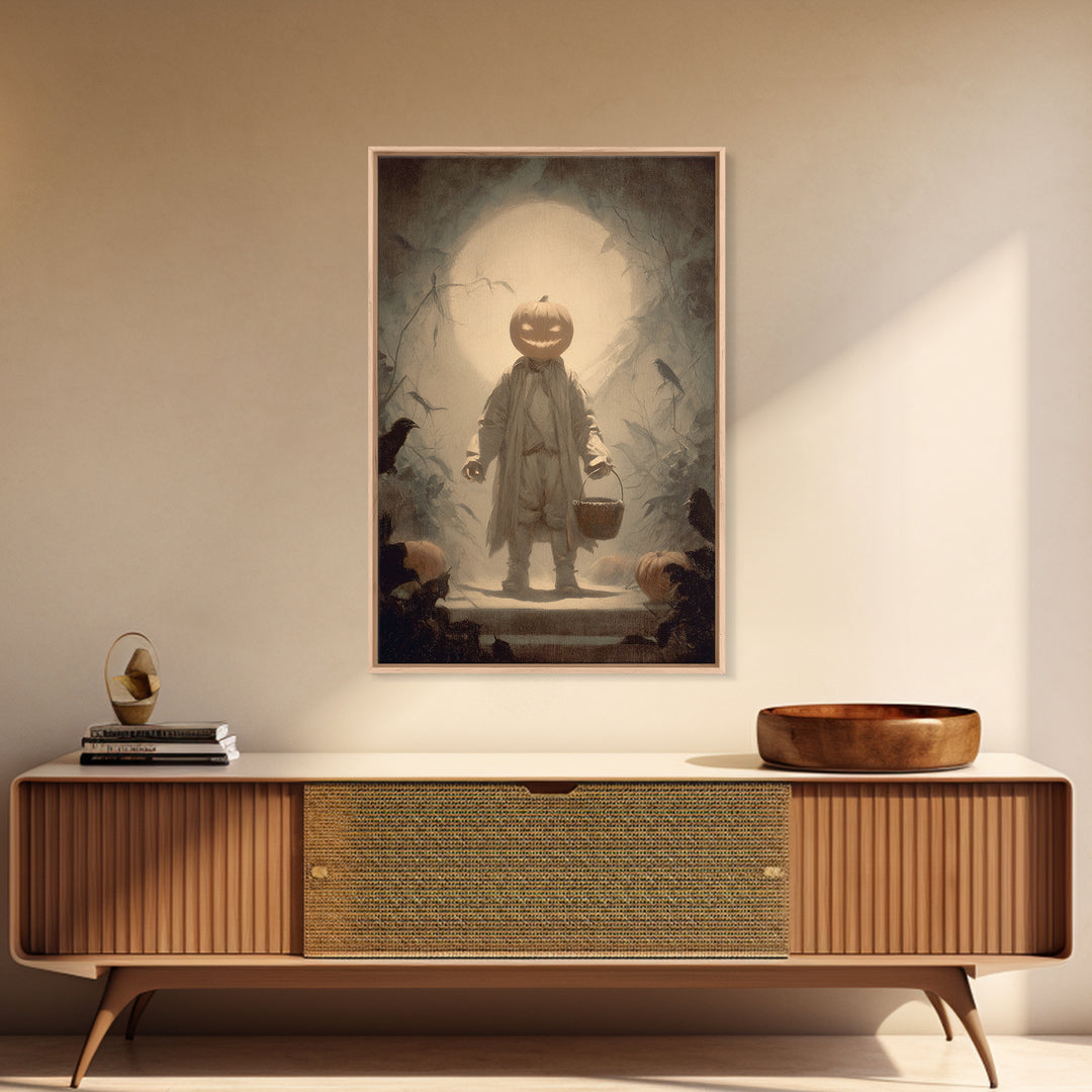 The Pumpkin-Headed Child, Symbolist Dream Art, Vertical Wall Art, Dark Fantasy Wall Art, Framed Canvas Print, Halloween Wall Art