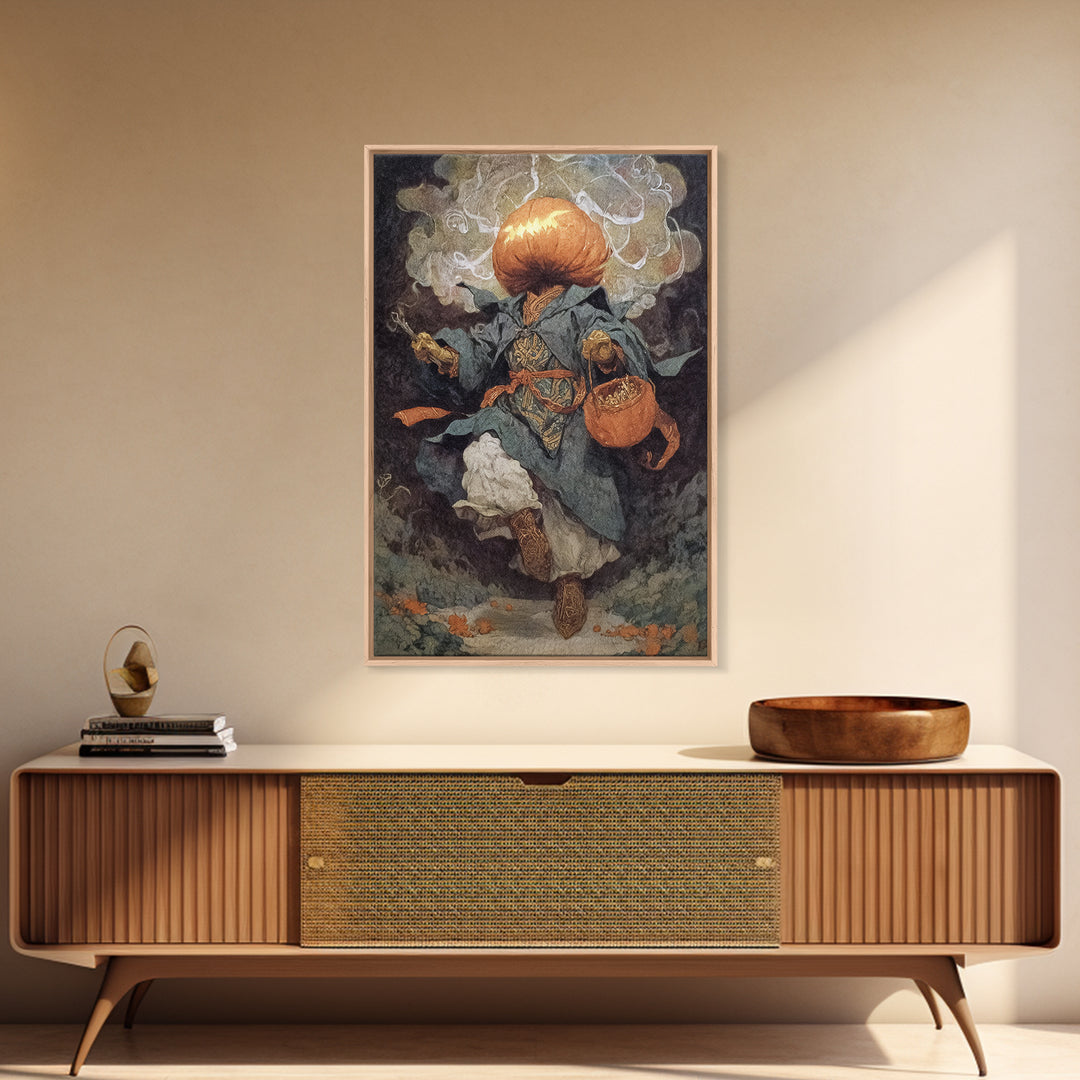 The Pumpkin-Headed Child, Ornate Symbolist Art, Vertical Wall Art, Dark Halloween Decor, Framed Canvas Print, Halloween Wall Art