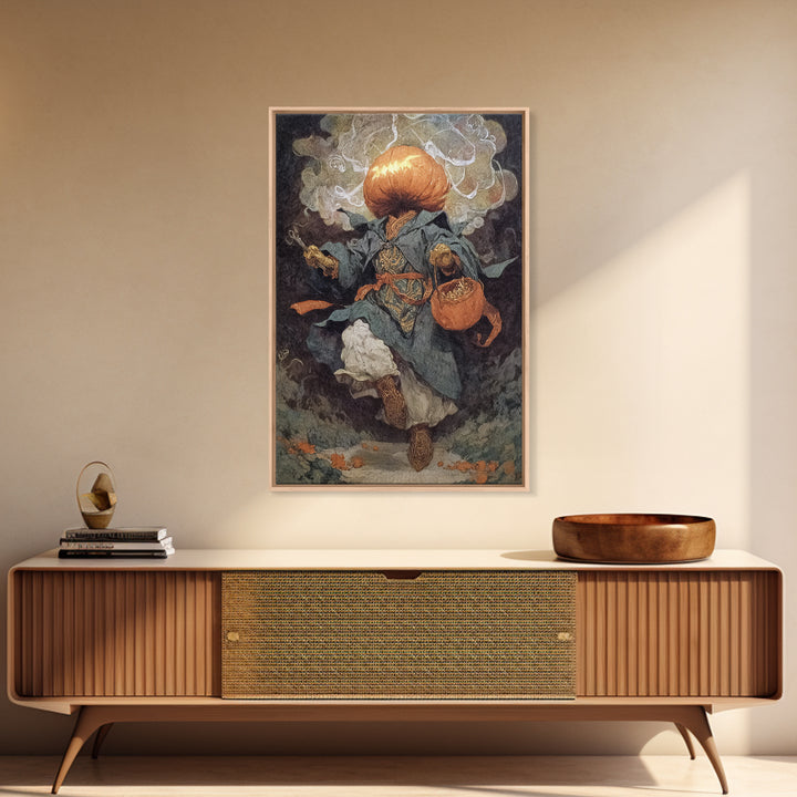 The Pumpkin-Headed Child, Ornate Symbolist Art, Vertical Wall Art, Dark Halloween Decor, Framed Canvas Print, Halloween Wall Art
