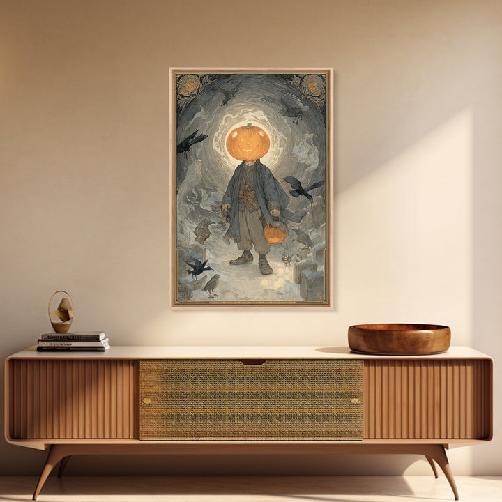 The Pumpkin-Headed Child, Symbolist Death Art, Vertical Wall Art, Dark Fantasy Wall Art, Framed Canvas Print, Halloween Wall Art