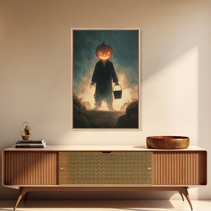 The Pumpkin-Headed Child, Expressionist Gothic Art, Vertical Wall Art, Dark Halloween Decor, Canvas Print, Halloween Wall Art