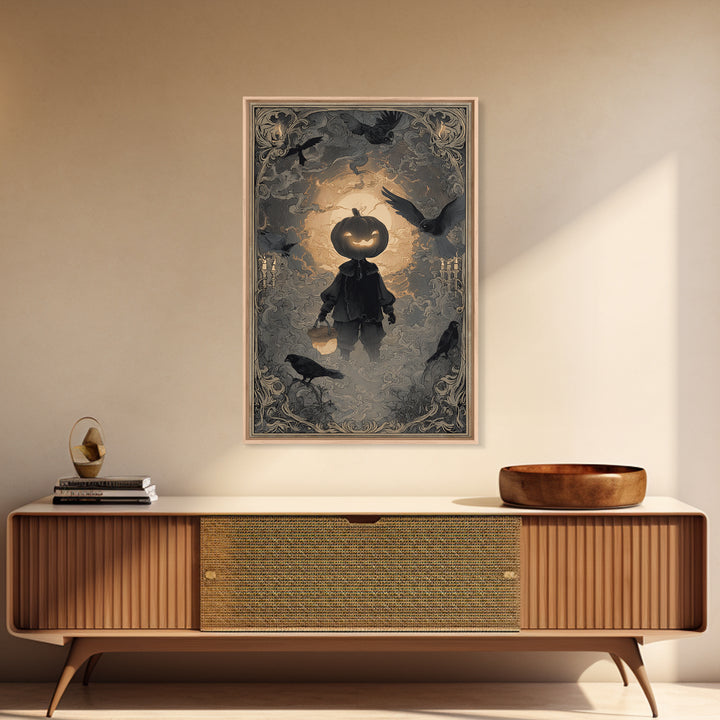 The Pumpkin-Headed Child, Decadent Line Art, Vertical Wall Art, Dark Halloween Decor, Canvas Print, Halloween Wall Art