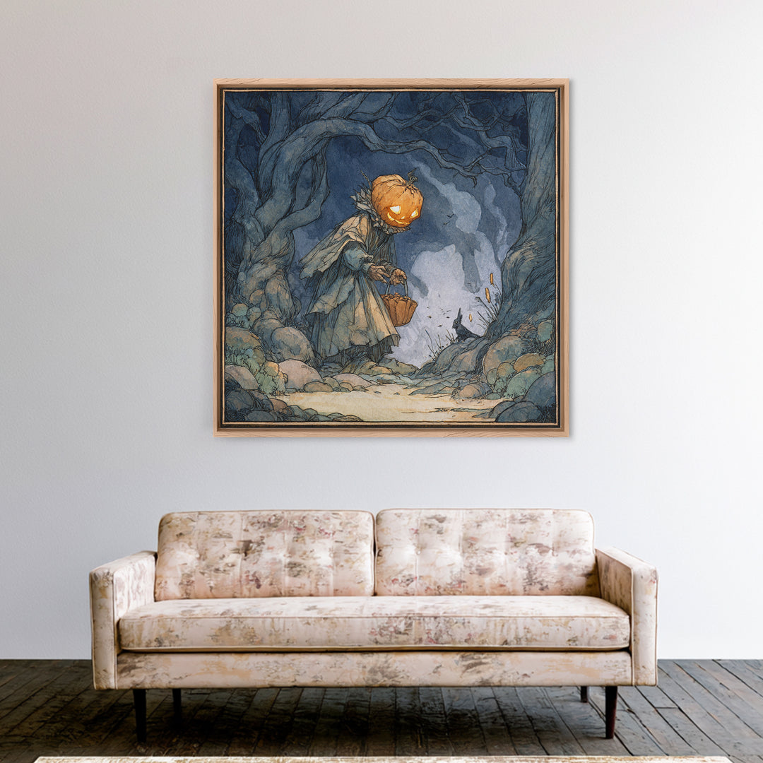 The Pumpkin-Headed Child, Gothic Storybook Art, Square Wall Art, Dark Fantasy Wall Art, Framed Canvas Print, Halloween Wall Art
