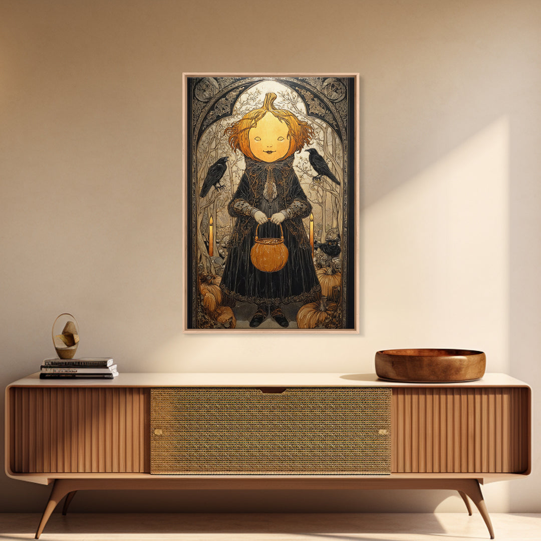 The Pumpkin-Headed Child, Stained Glass Gothic Art, Vertical Wall Art, Dark Fantasy Wall Art, Framed Canvas Print, Halloween Wall Art