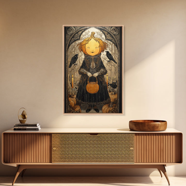 The Pumpkin-Headed Child, Stained Glass Gothic Art, Vertical Wall Art, Dark Fantasy Wall Art, Framed Canvas Print, Halloween Wall Art