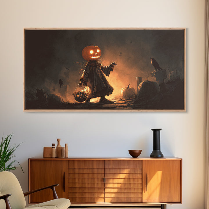 The Pumpkin-Headed Child, Macabre Folk Print Art, Wide Panoramic Art, Dark Halloween Decor, Canvas Print, Halloween Wall Art