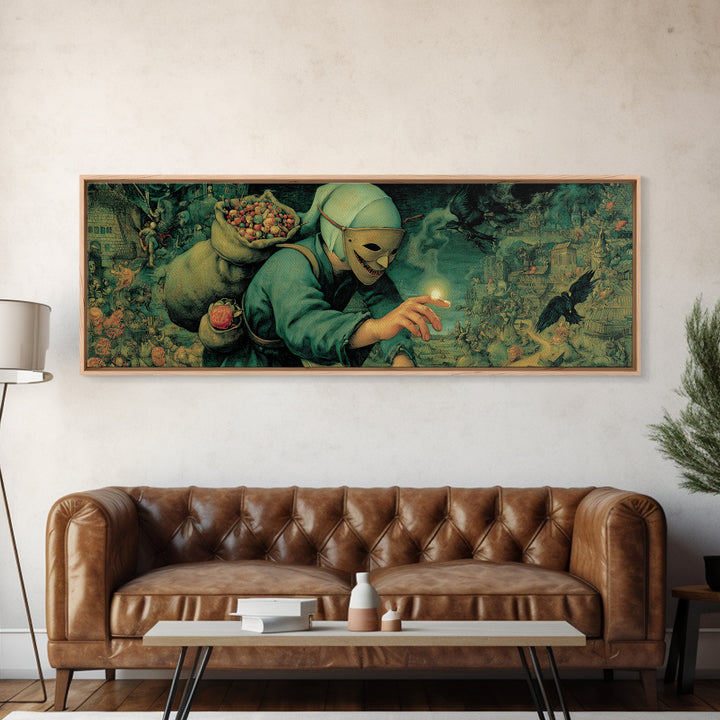 The Masked Candy Collector, Medieval Grotesque Art, Extra Wide Wall Art, Dark Fantasy Wall Art, Framed Canvas Print