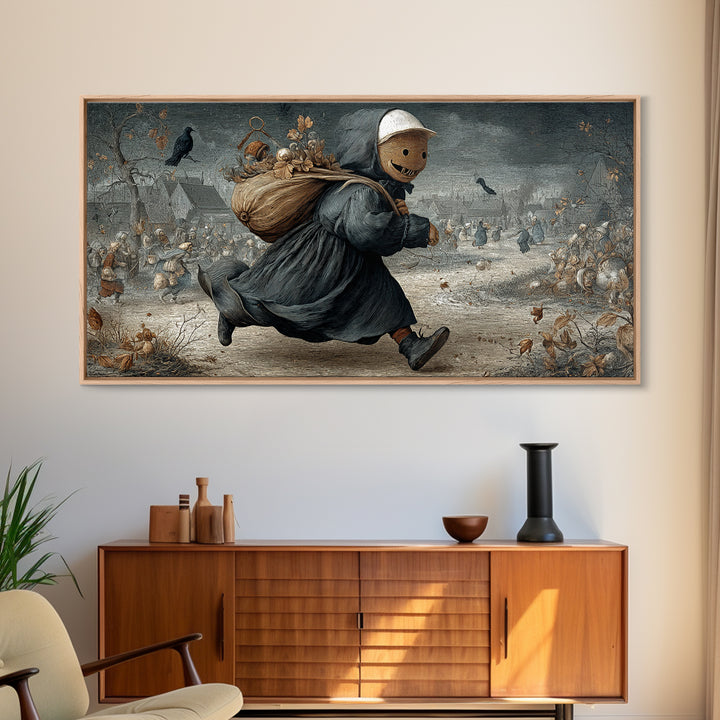 The Masked Candy Collector, Northern Renaissance Horror, Wide Panoramic Art, Gothic Horror Wall Art, Framed Canvas Print