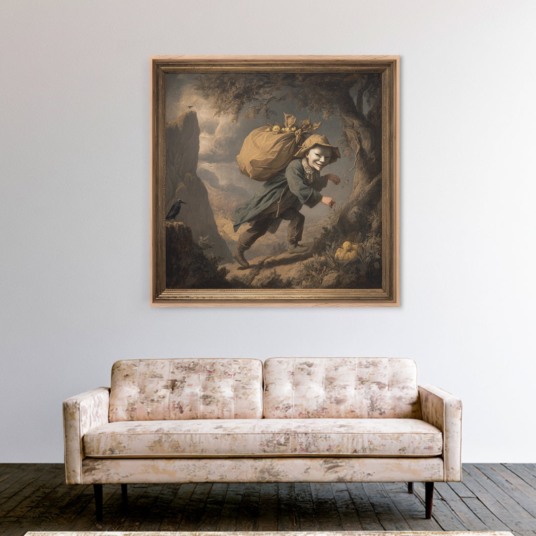 The Masked Candy Collector, Baroque Witchcraft Art, Square Wall Art, Dark Halloween Decor, Framed Canvas Print, Halloween Wall Art