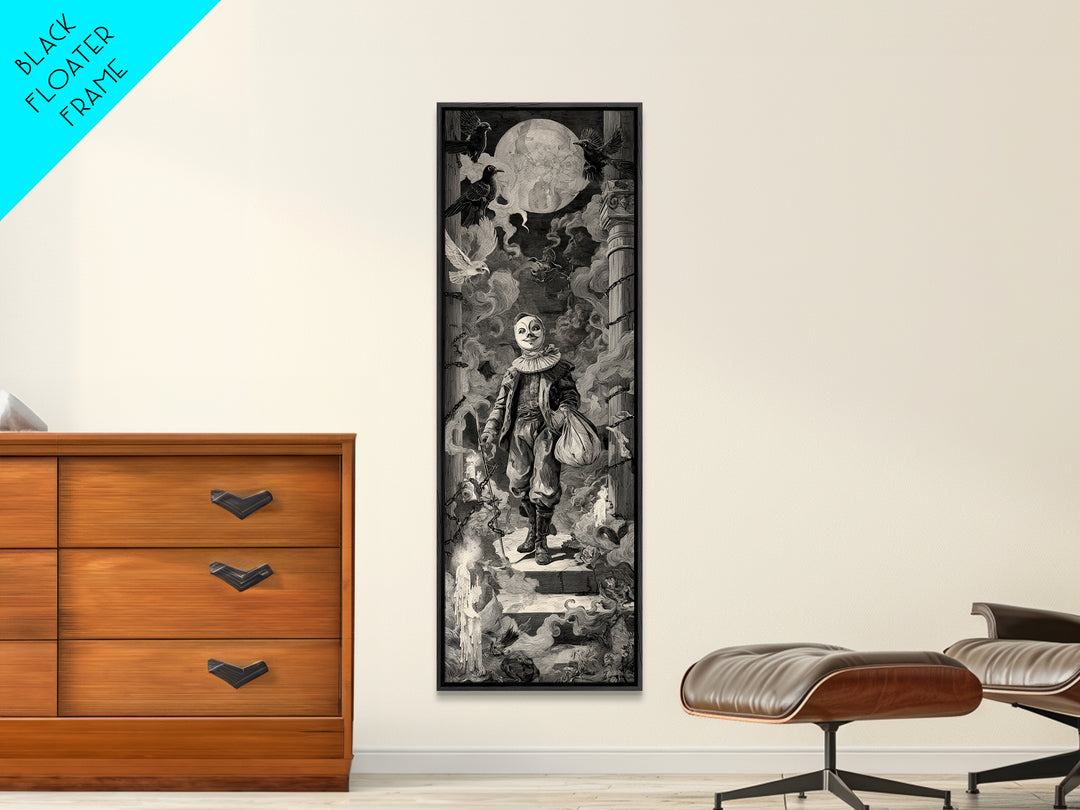 The Masked Candy Collector, Architectural Etching Art, Tall Narrow Wall Art, Dark Halloween Decor, Canvas Print