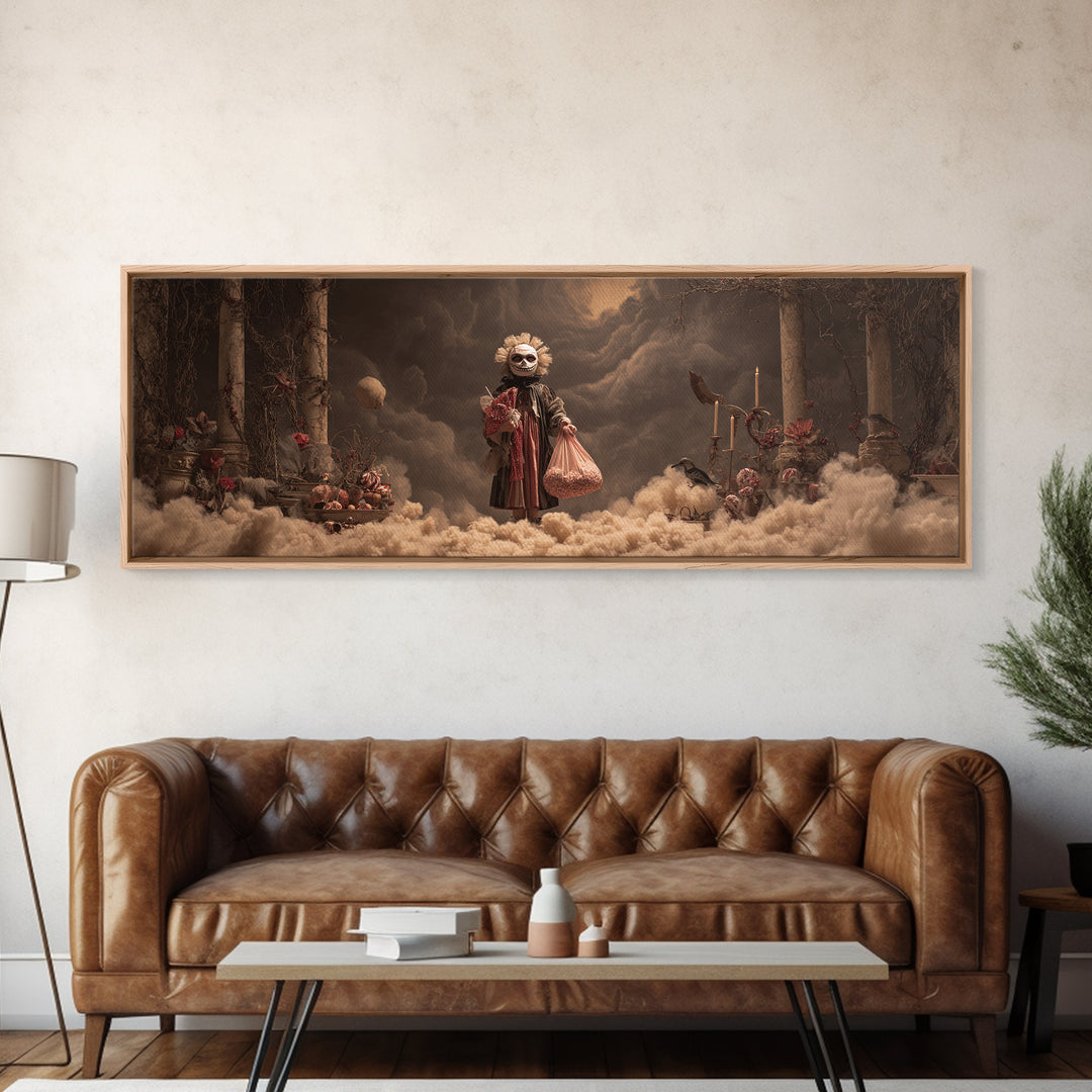 The Masked Candy Collector, Apocalyptic Romantic Art, Extra Wide Wall Art, Gothic Horror Wall Art, Framed Canvas Print, Halloween Wall Art