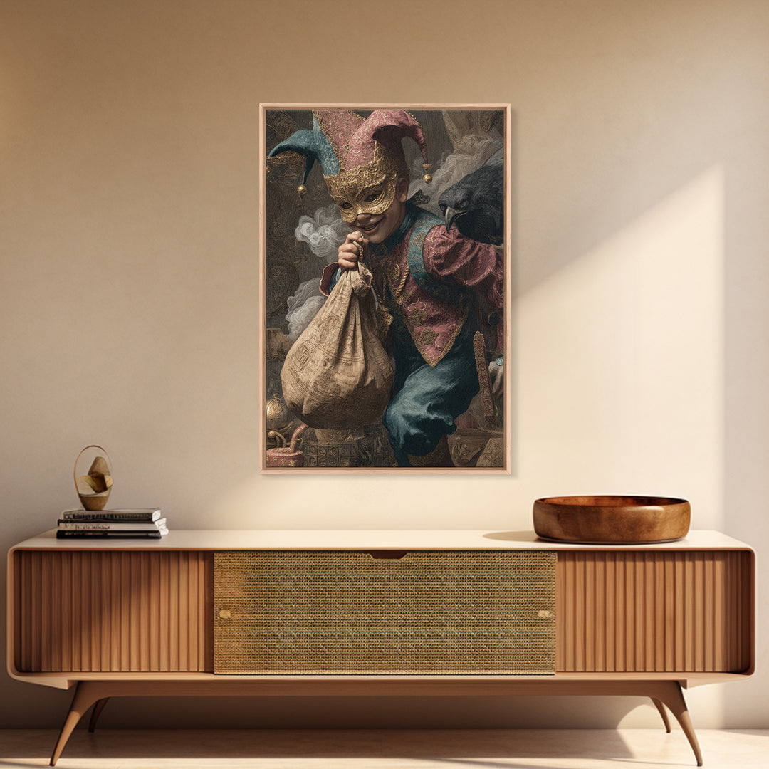 The Masked Candy Collector, Ornate Symbolist Art, Vertical Wall Art, Dark Fantasy Wall Art, Framed Canvas Print, Halloween Wall Art