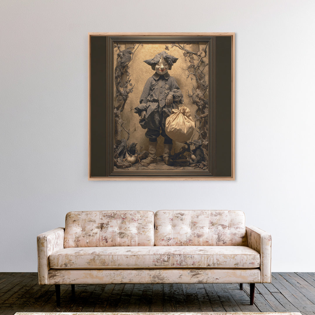 The Masked Candy Collector, Dark Symbolist Art, Square Wall Art, Dark Halloween Decor, Canvas Print, Halloween Wall Art