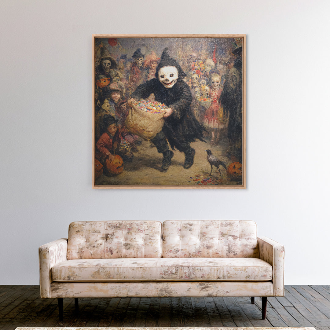 The Masked Candy Collector, Grotesque Carnival Art, Square Wall Art, Macabre Wall Art, Canvas Print, Halloween Wall Art, Dark Fantasy Art