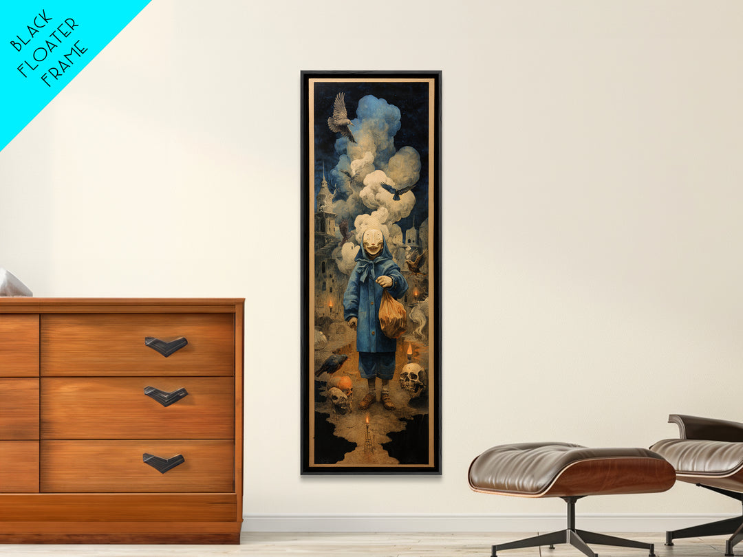 The Masked Candy Collector, Surreal Apocalyptic Art, Tall Narrow Wall Art, Macabre Wall Art, Canvas Print, Halloween Wall Art