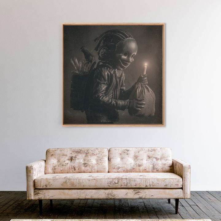 The Masked Candy Collector, Biomechanical Horror Art, Square Wall Art, Dark Halloween Decor, Framed Canvas Print, Halloween Wall Art