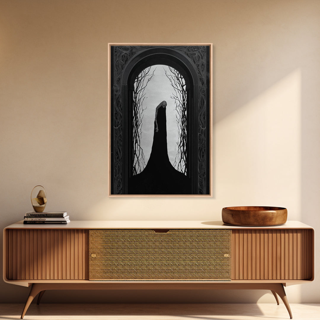 The Shadow Person, Decadent Line Art, Vertical Wall Art, Dark Halloween Decor, Framed Canvas Print, Halloween Wall Art