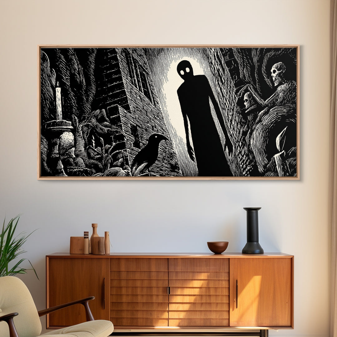 The Shadow Person, Macabre Folk Print Art, Wide Panoramic Art, Dark Halloween Decor, Canvas Print, Halloween Wall Art