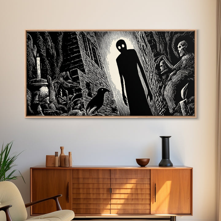 The Shadow Person, Macabre Folk Print Art, Wide Panoramic Art, Dark Halloween Decor, Canvas Print, Halloween Wall Art
